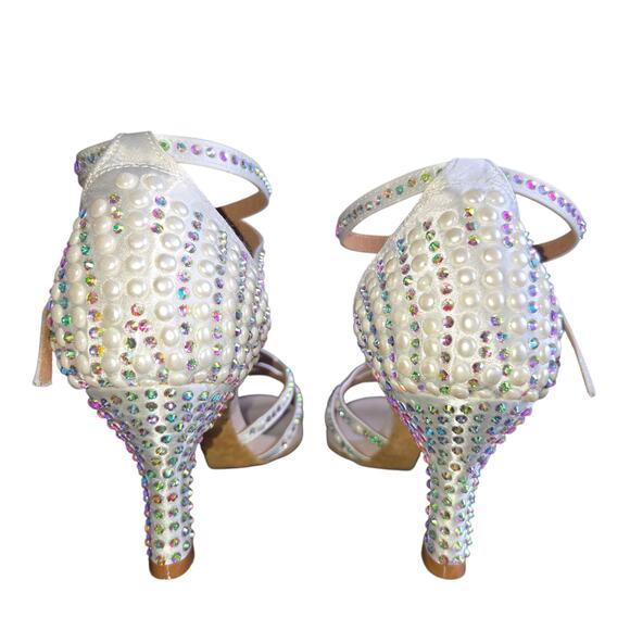 Satin & Leather Bridal / Ballroom Dance Heels Pearls & Rhinestones Sz 8 - Picture 4 of 9